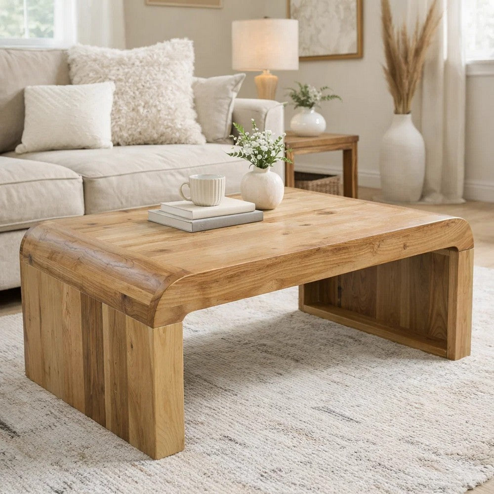 The Urban Port Cascade 36 Inch Coffee Table, Handcrafted Natural Acacia Wood, Rectangular Curved Waterfall Top