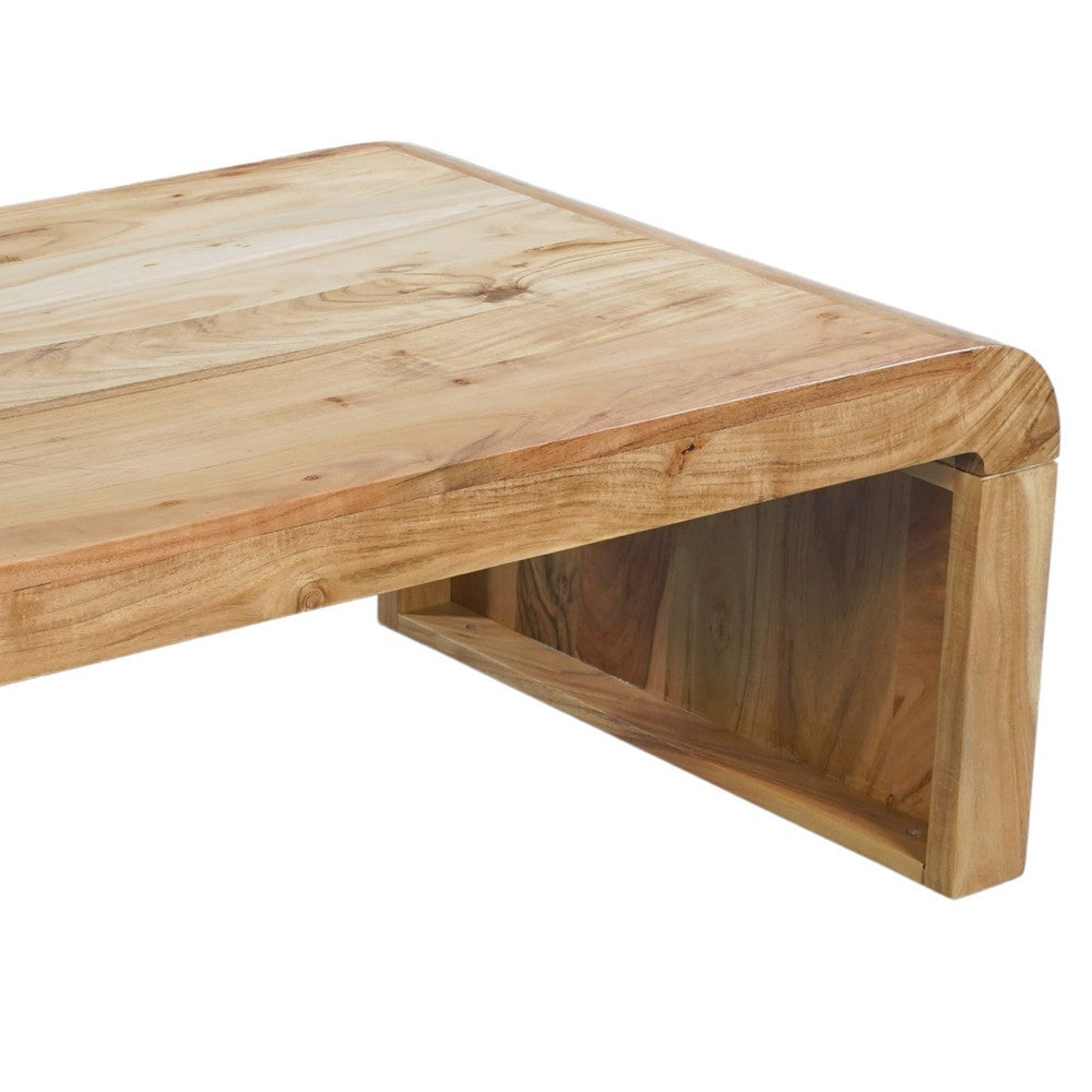The Urban Port Cascade 36 Inch Coffee Table, Handcrafted Natural Acacia Wood, Rectangular Curved Waterfall Top
