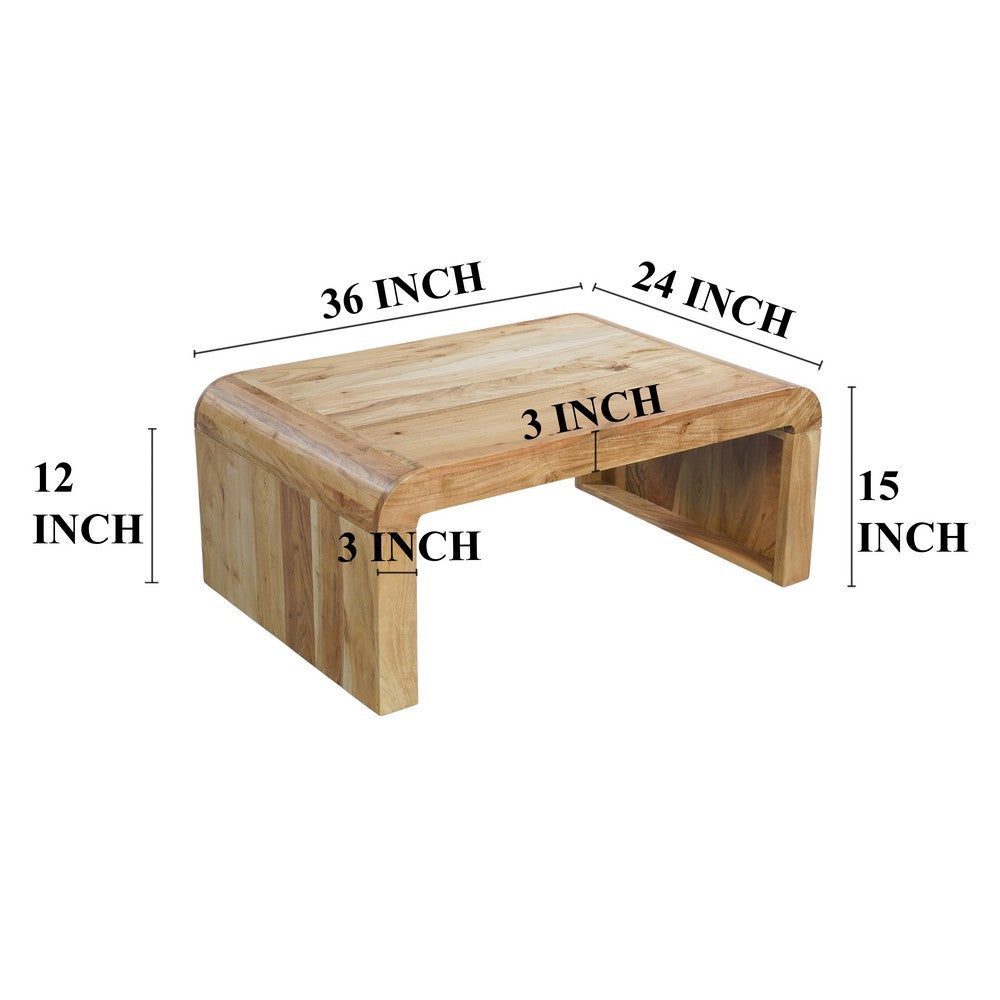 The Urban Port Cascade 36 Inch Coffee Table, Handcrafted Natural Acacia Wood, Rectangular Curved Waterfall Top