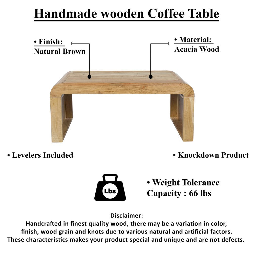 The Urban Port Cascade 36 Inch Coffee Table, Handcrafted Natural Acacia Wood, Rectangular Curved Waterfall Top