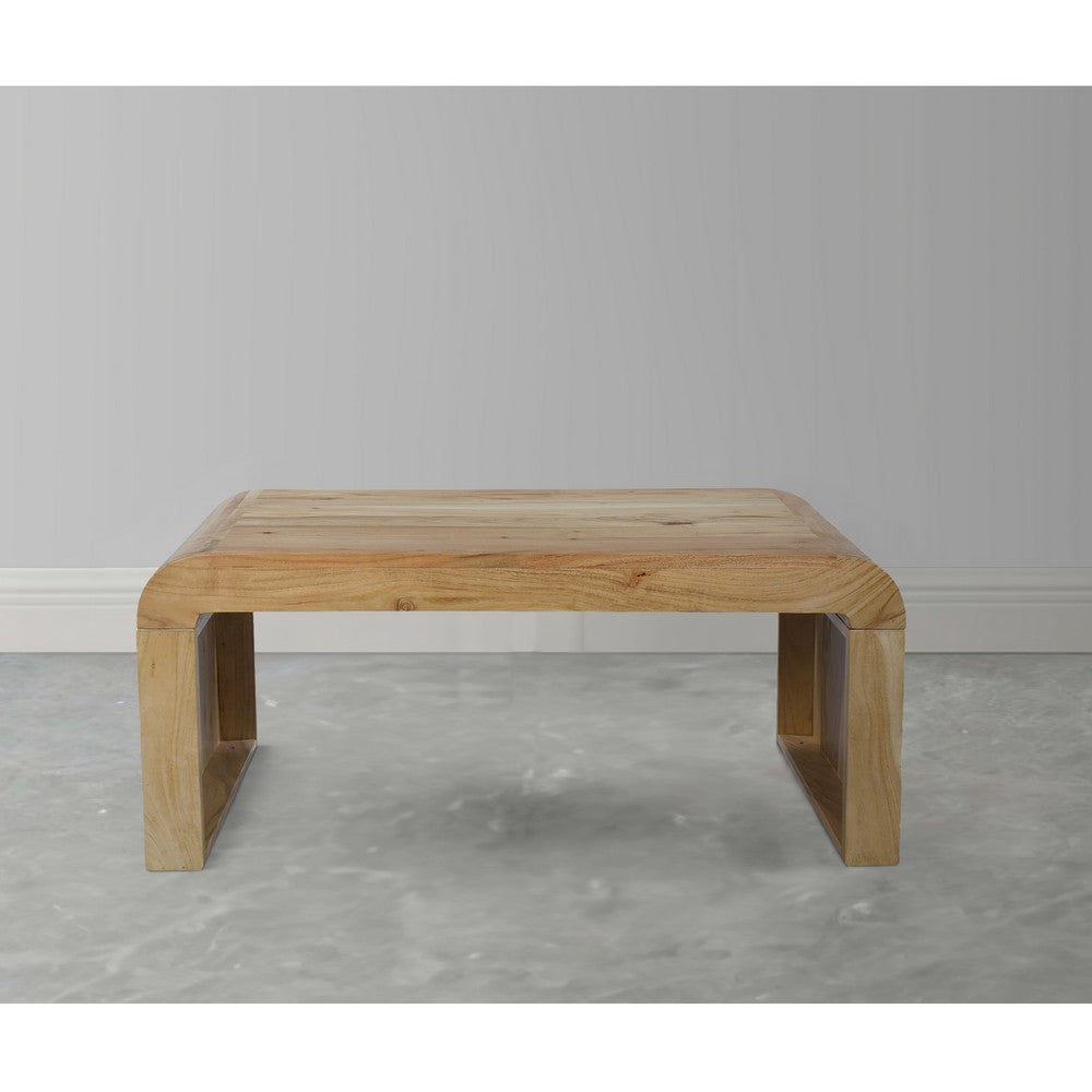 The Urban Port Cascade 36 Inch Coffee Table, Handcrafted Natural Acacia Wood, Rectangular Curved Waterfall Top