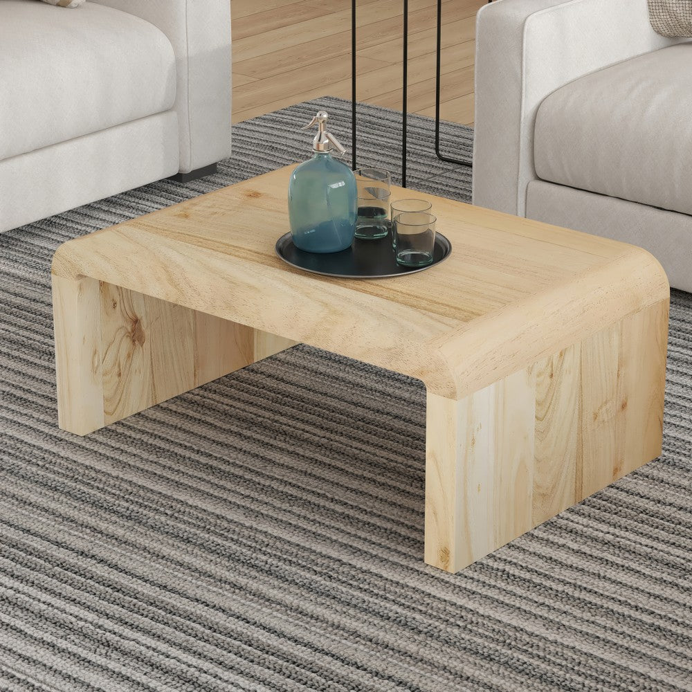 The Urban Port Cascade 36 Inch Coffee Table, Handcrafted Natural Acacia Wood, Rectangular Curved Waterfall Top