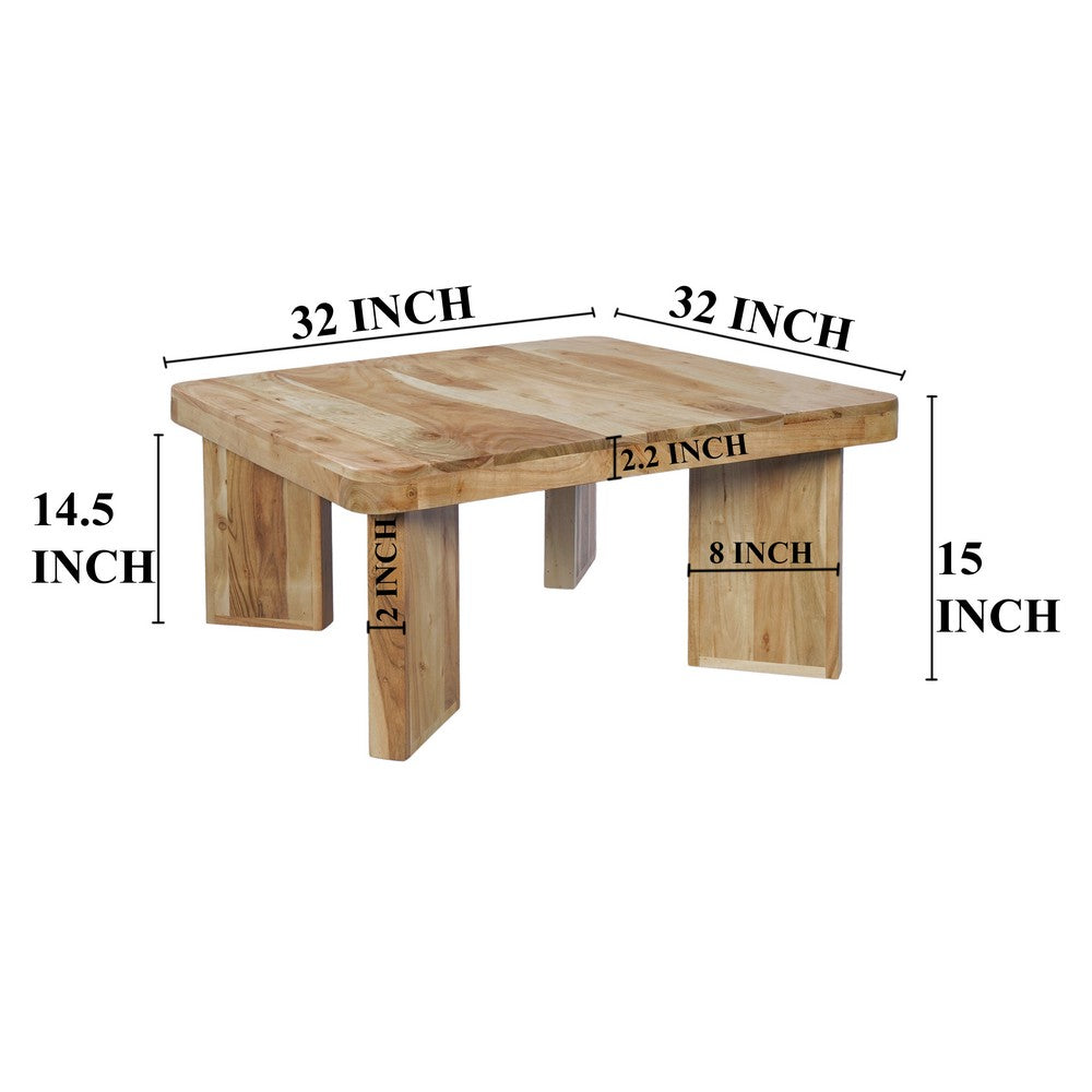 The Urban Port Cascade 32 Inch Coffee Table, Handcrafted Natural Acacia Wood, Square Top with Diagonal Wide Panel Legs