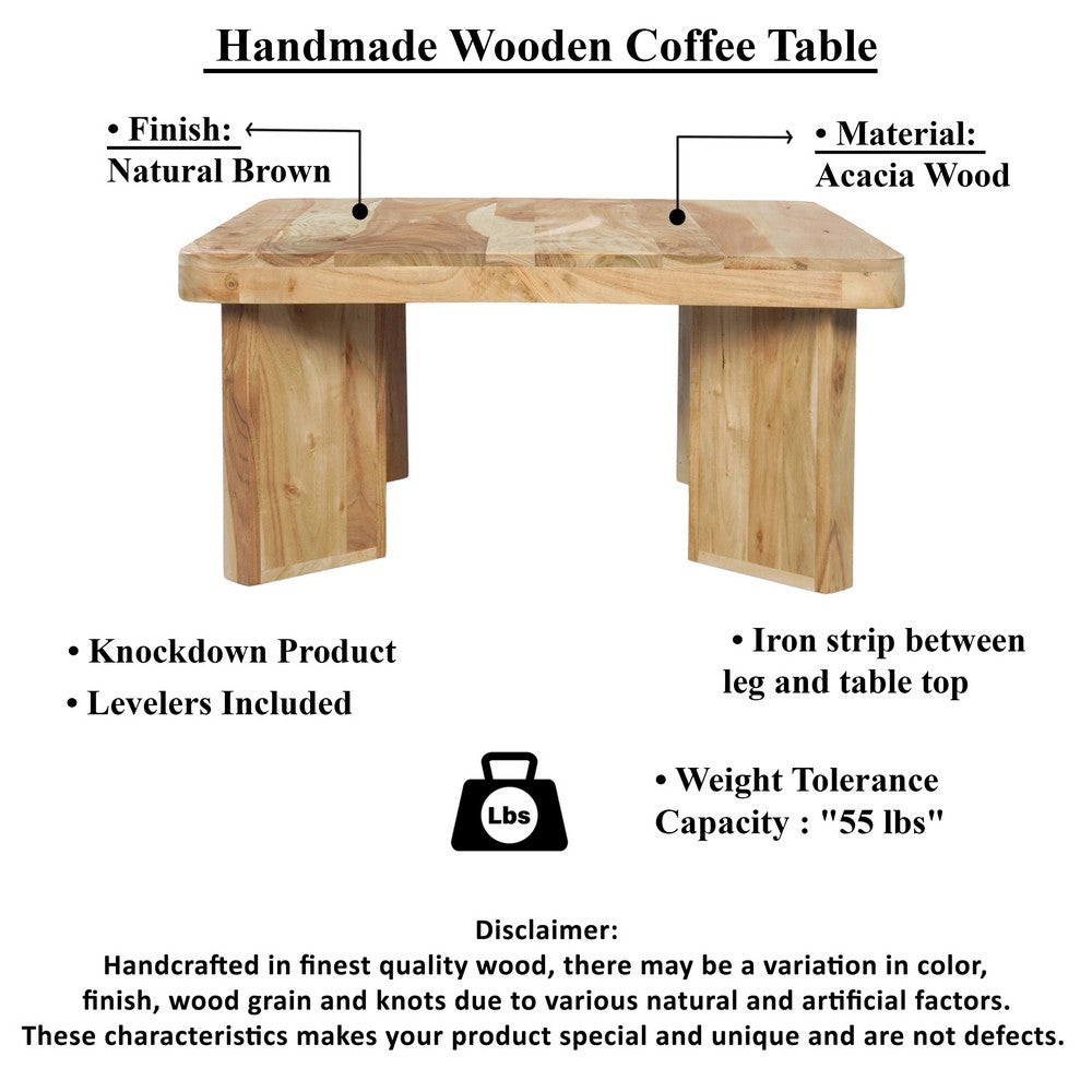The Urban Port Cascade 32 Inch Coffee Table, Handcrafted Natural Acacia Wood, Square Top with Diagonal Wide Panel Legs