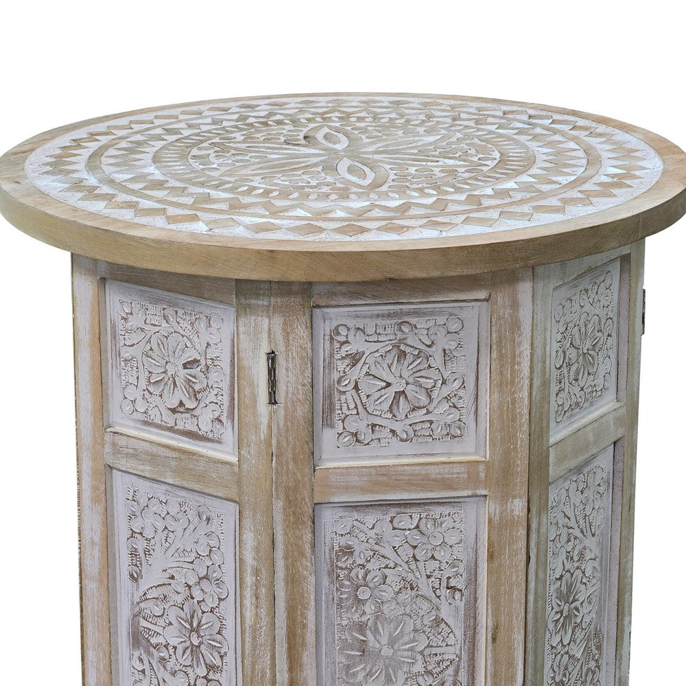 The Urban Port Accent Side Table, Mango Wood 18 Inch Round Top, Hand Carved Inlay Mandala Design, Washed White