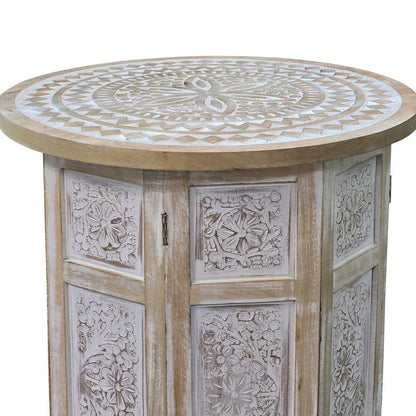 The Urban Port Accent Side Table, Mango Wood 18 Inch Round Top, Hand Carved Inlay Mandala Design, Washed White