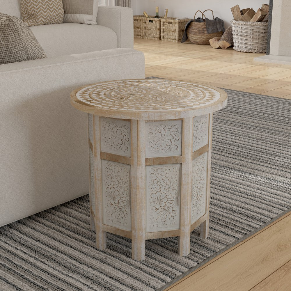 The Urban Port Accent Side Table, Mango Wood 18 Inch Round Top, Hand Carved Inlay Mandala Design, Washed White