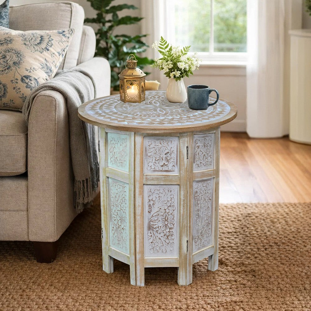 The Urban Port Accent Side Table, Mango Wood 18 Inch Round Top, Hand Carved Inlay Mandala Design, Washed White