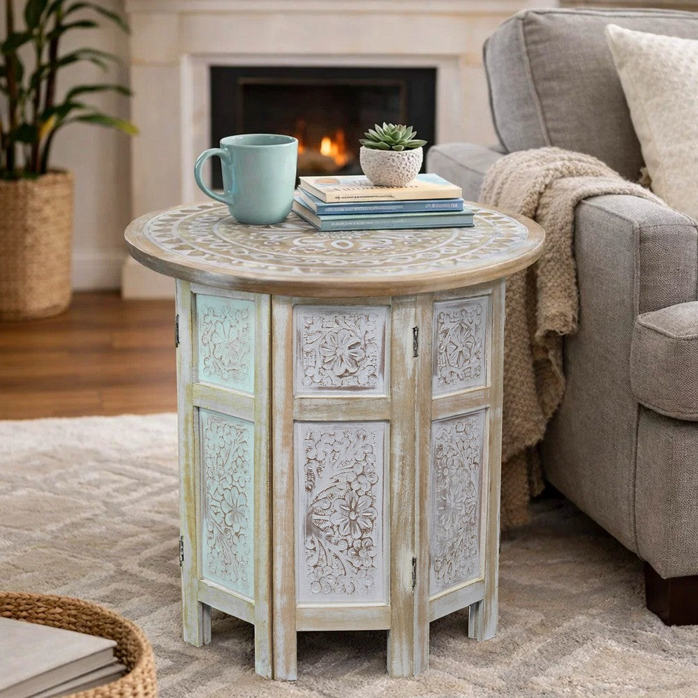 The Urban Port Accent Side Table, Mango Wood 18 Inch Round Top, Hand Carved Inlay Mandala Design, Washed White