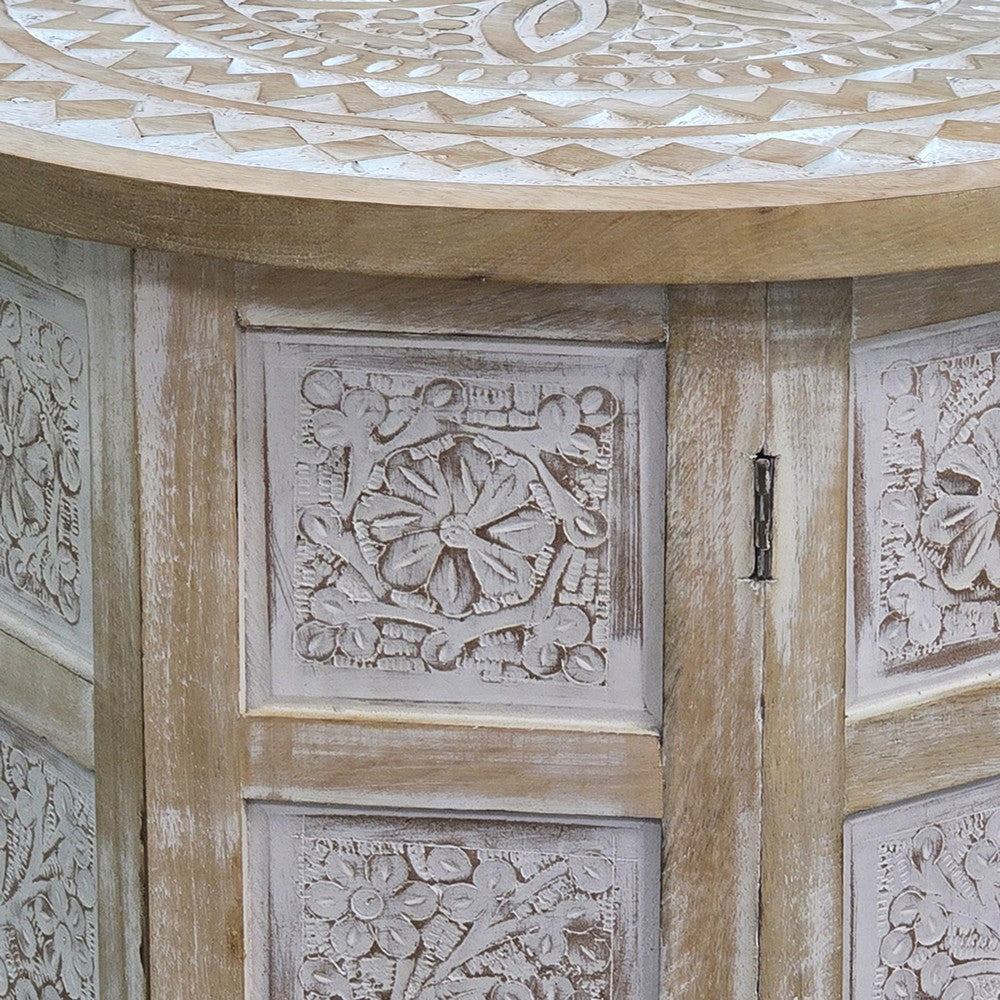 The Urban Port Accent Side Table, Mango Wood 18 Inch Round Top, Hand Carved Inlay Mandala Design, Washed White