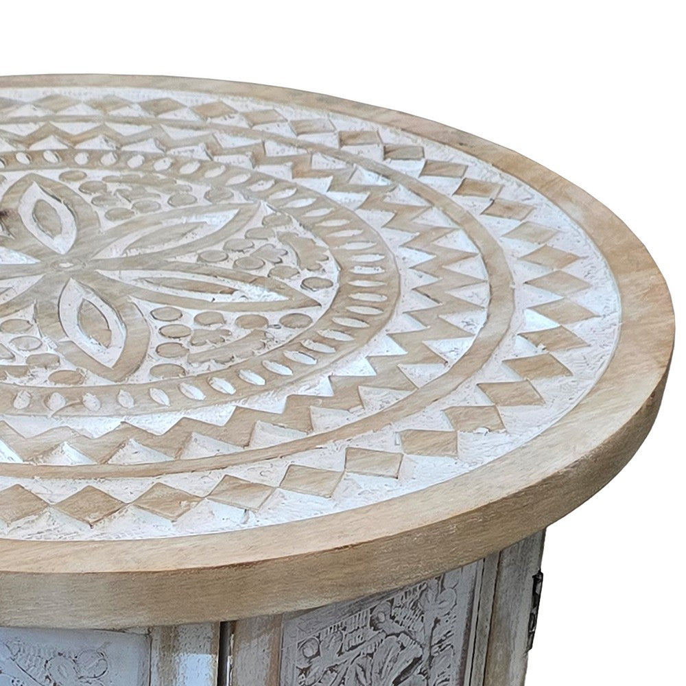 The Urban Port Accent Side Table, Mango Wood 18 Inch Round Top, Hand Carved Inlay Mandala Design, Washed White