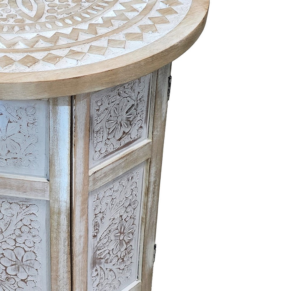 The Urban Port Accent Side Table, Mango Wood 18 Inch Round Top, Hand Carved Inlay Mandala Design, Washed White