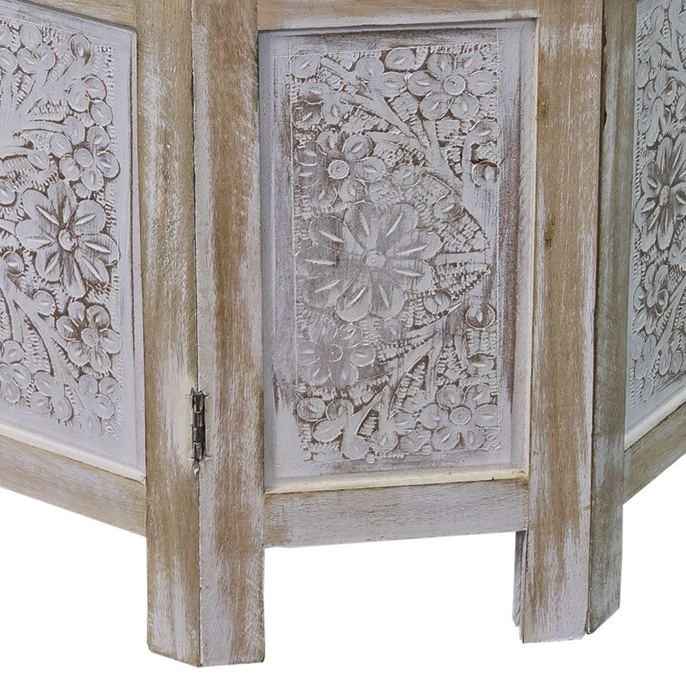 The Urban Port Accent Side Table, Mango Wood 18 Inch Round Top, Hand Carved Inlay Mandala Design, Washed White