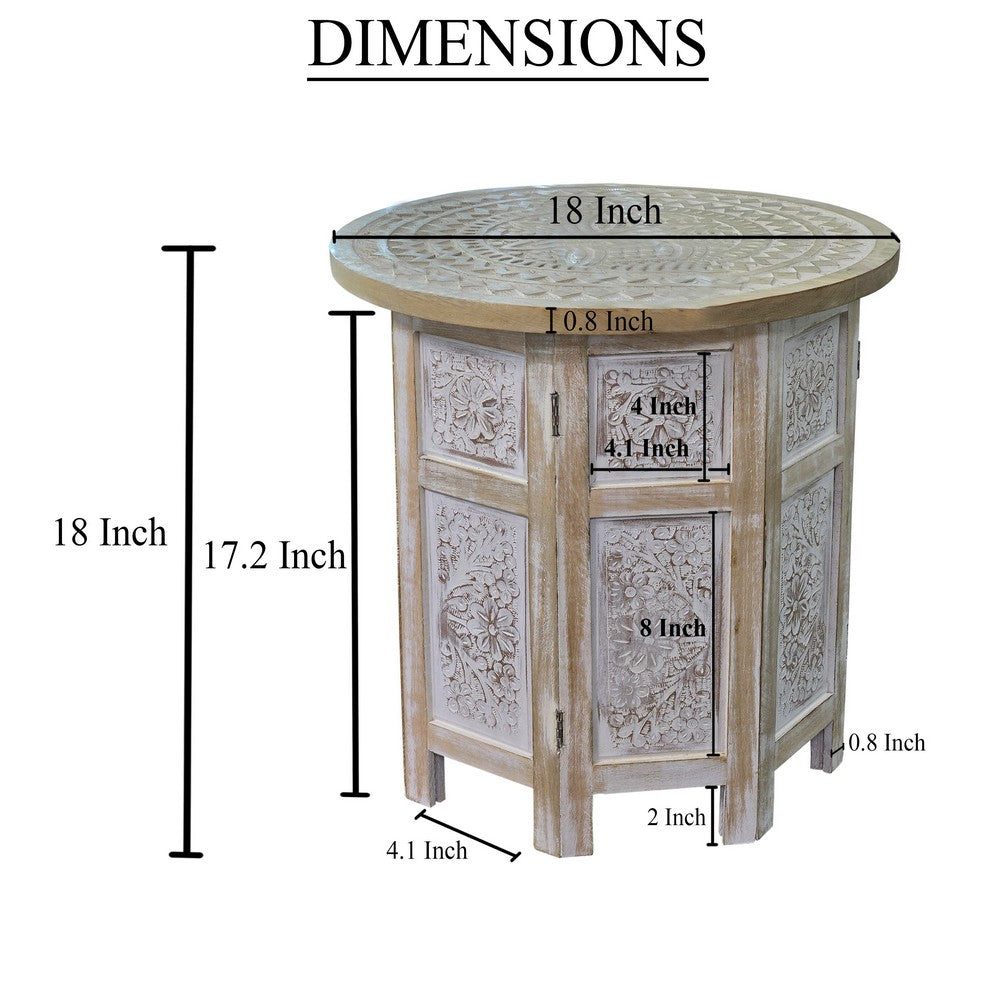 The Urban Port Accent Side Table, Mango Wood 18 Inch Round Top, Hand Carved Inlay Mandala Design, Washed White