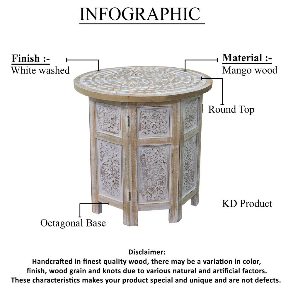 The Urban Port Accent Side Table, Mango Wood 18 Inch Round Top, Hand Carved Inlay Mandala Design, Washed White