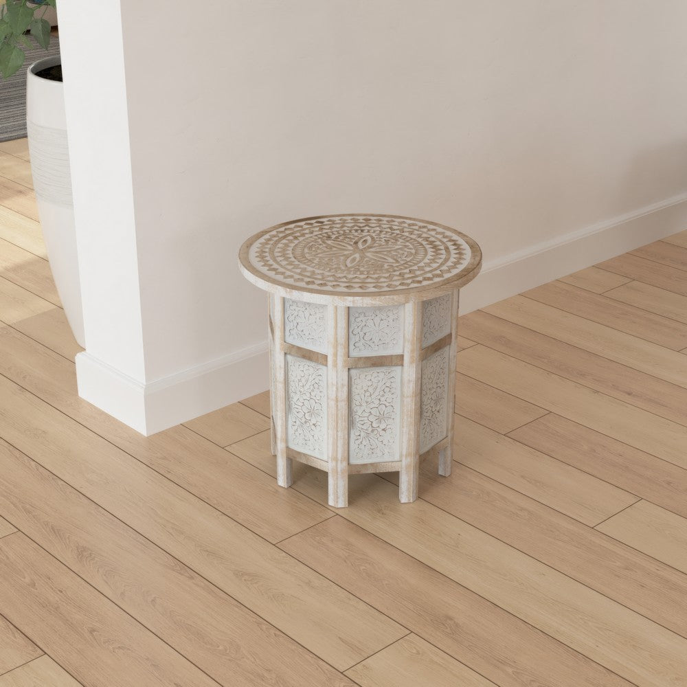 The Urban Port Accent Side Table, Mango Wood 18 Inch Round Top, Hand Carved Inlay Mandala Design, Washed White