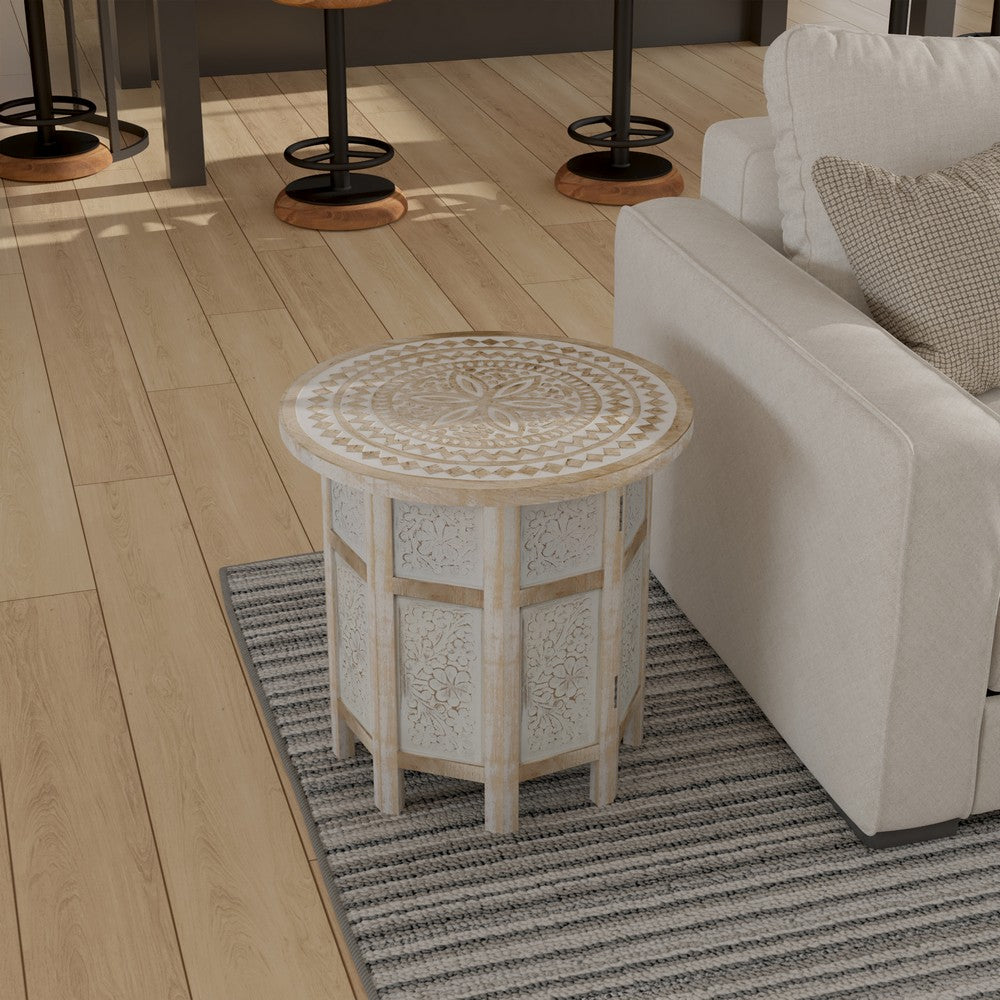 The Urban Port Accent Side Table, Mango Wood 18 Inch Round Top, Hand Carved Inlay Mandala Design, Washed White