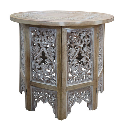 The Urban Port Accent Side Table, 24 Inch Round Top, Mango Wood Floral Cut Out Carved Motifs, Washed White