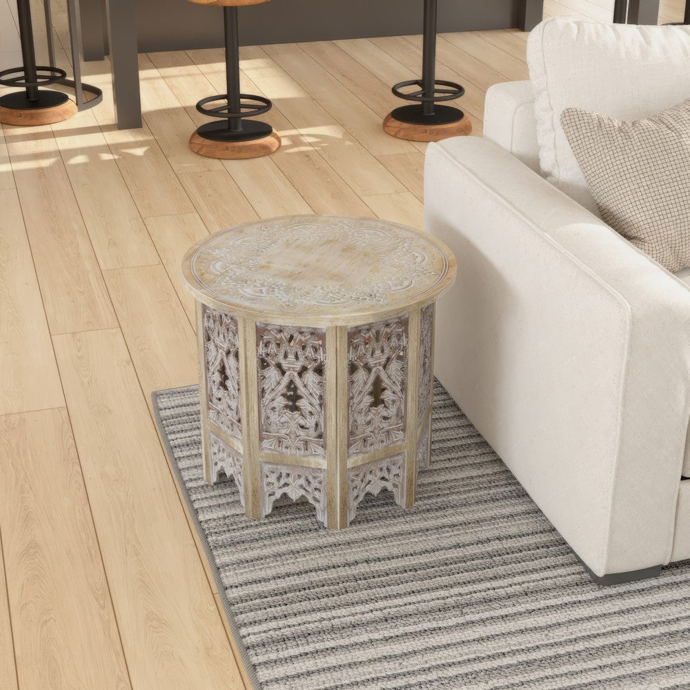 The Urban Port Accent Side Table, 24 Inch Round Top, Mango Wood Floral Cut Out Carved Motifs, Washed White