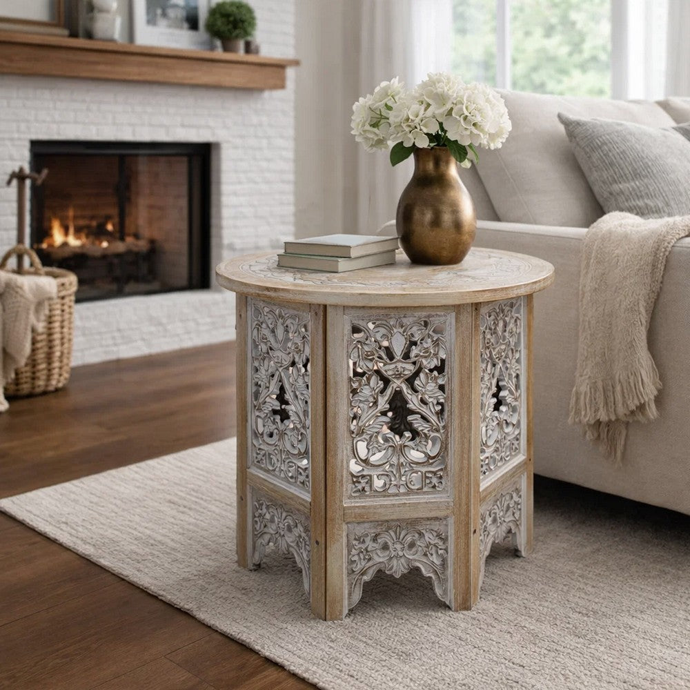 The Urban Port Accent Side Table, 24 Inch Round Top, Mango Wood Floral Cut Out Carved Motifs, Washed White