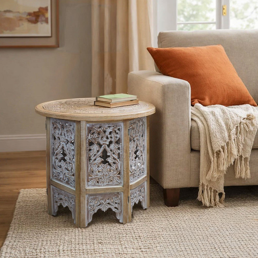 The Urban Port Accent Side Table, 24 Inch Round Top, Mango Wood Floral Cut Out Carved Motifs, Washed White
