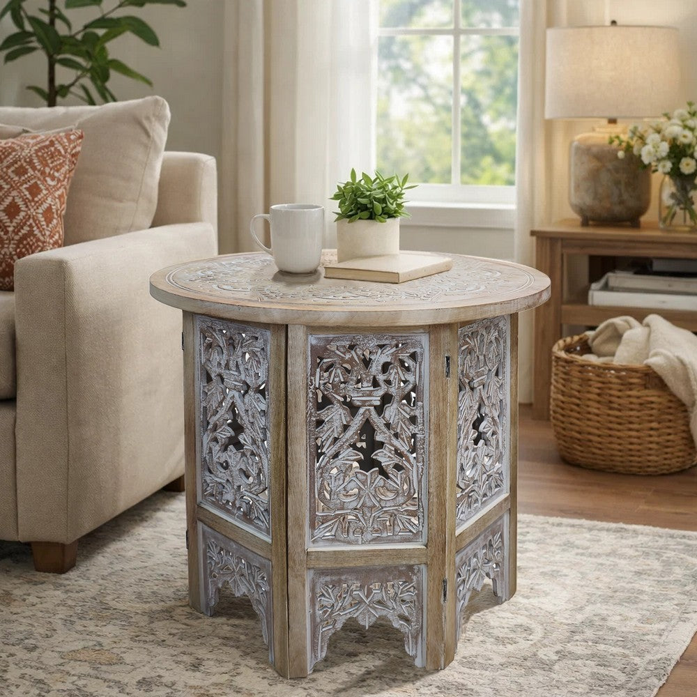 The Urban Port Accent Side Table, 24 Inch Round Top, Mango Wood Floral Cut Out Carved Motifs, Washed White