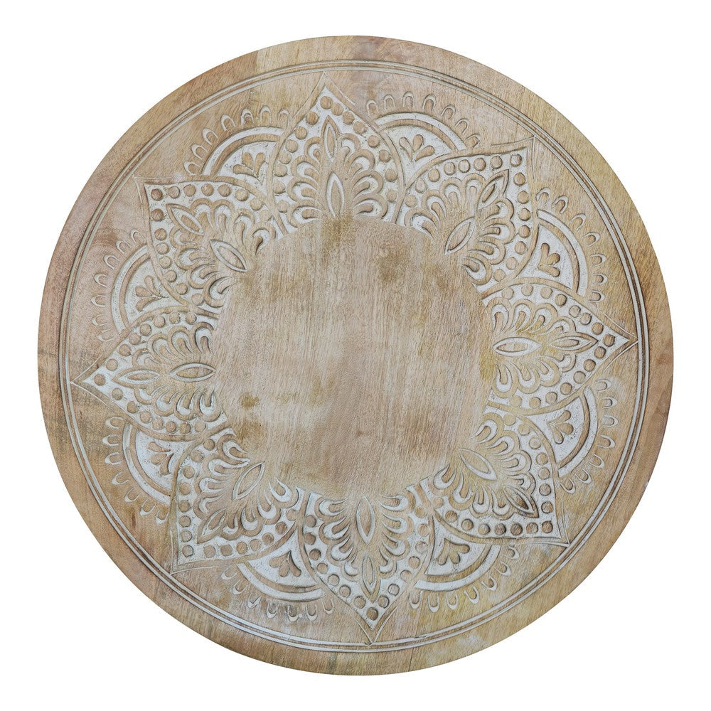 The Urban Port Accent Side Table, 24 Inch Round Top, Mango Wood Floral Cut Out Carved Motifs, Washed White
