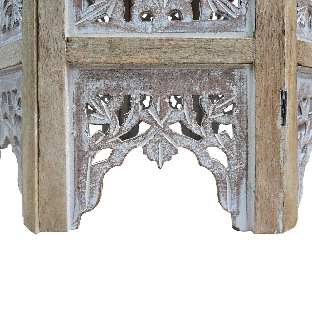 The Urban Port Accent Side Table, 24 Inch Round Top, Mango Wood Floral Cut Out Carved Motifs, Washed White