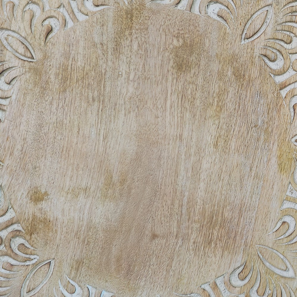 The Urban Port Accent Side Table, 24 Inch Round Top, Mango Wood Floral Cut Out Carved Motifs, Washed White