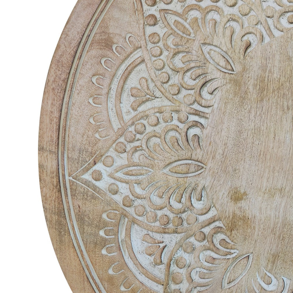 The Urban Port Accent Side Table, 24 Inch Round Top, Mango Wood Floral Cut Out Carved Motifs, Washed White