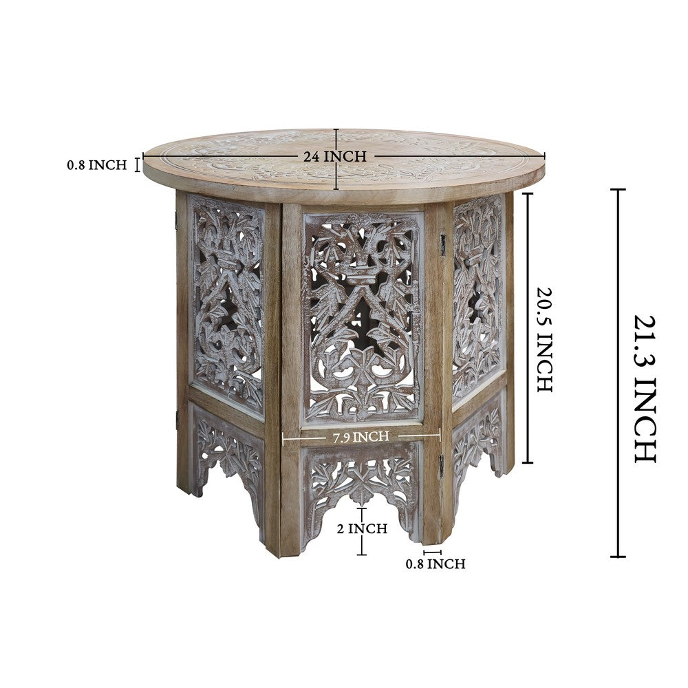 The Urban Port Accent Side Table, 24 Inch Round Top, Mango Wood Floral Cut Out Carved Motifs, Washed White