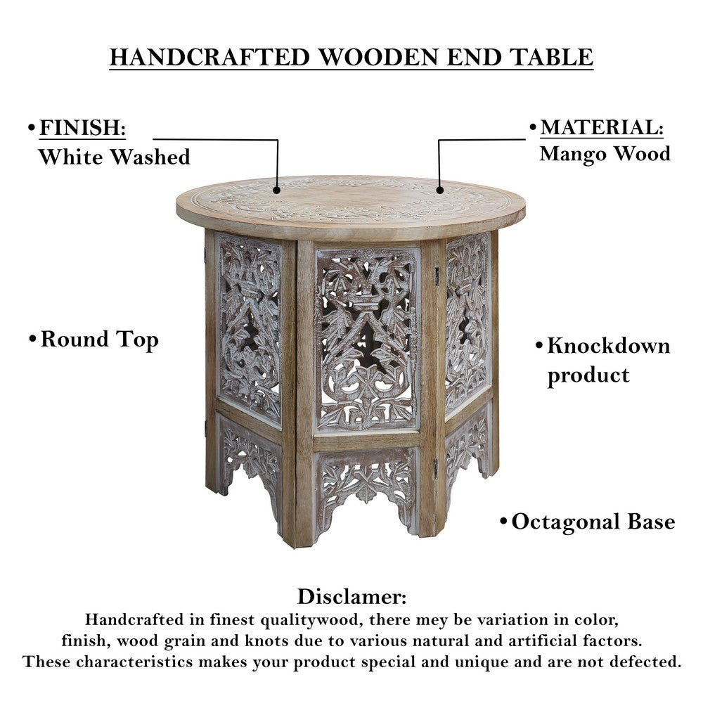 The Urban Port Accent Side Table, 24 Inch Round Top, Mango Wood Floral Cut Out Carved Motifs, Washed White