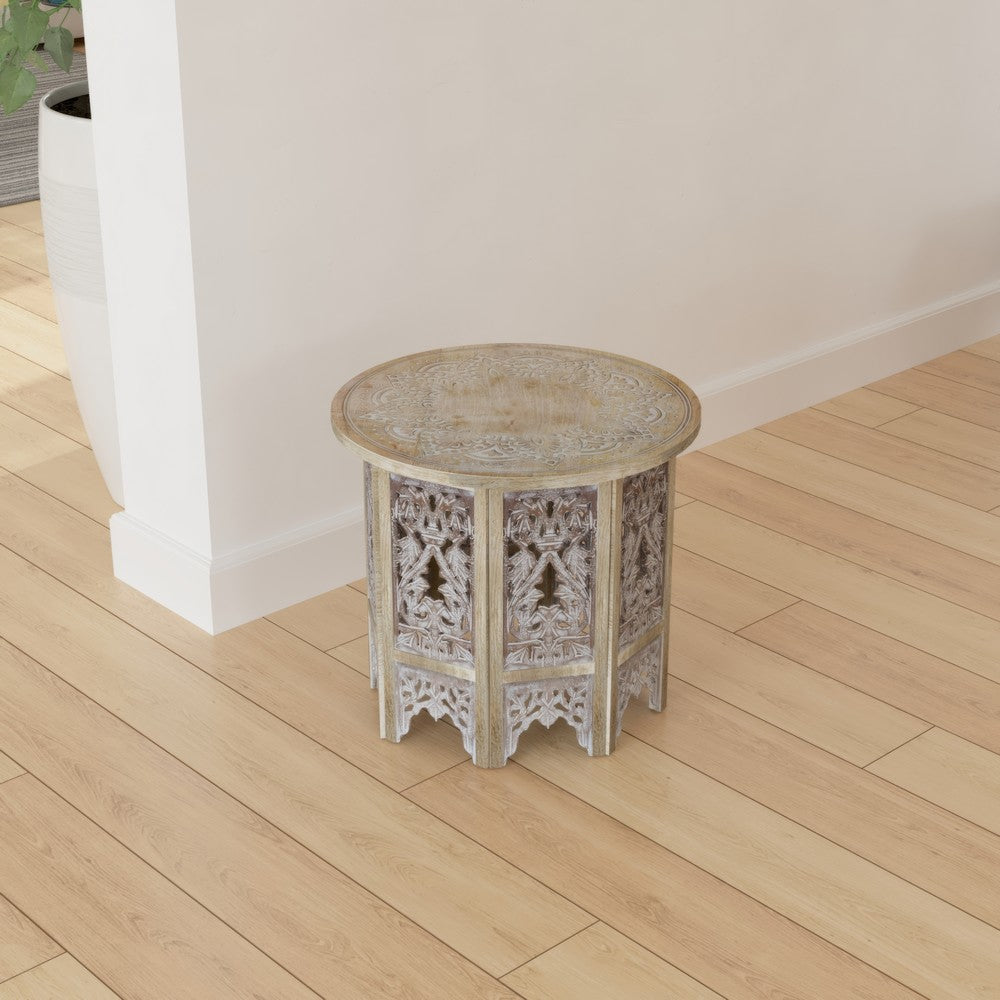 The Urban Port Accent Side Table, 24 Inch Round Top, Mango Wood Floral Cut Out Carved Motifs, Washed White