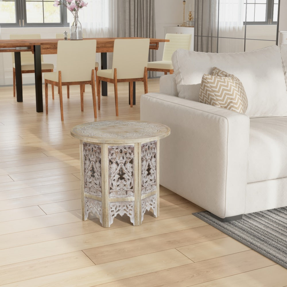 The Urban Port Accent Side Table, 24 Inch Round Top, Mango Wood Floral Cut Out Carved Motifs, Washed White