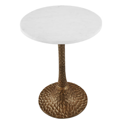 The Urban Port Tyler 20.5 Inch Accent Side Table, Round White Marble Top, Antique Brass Hammered Pedestal Base