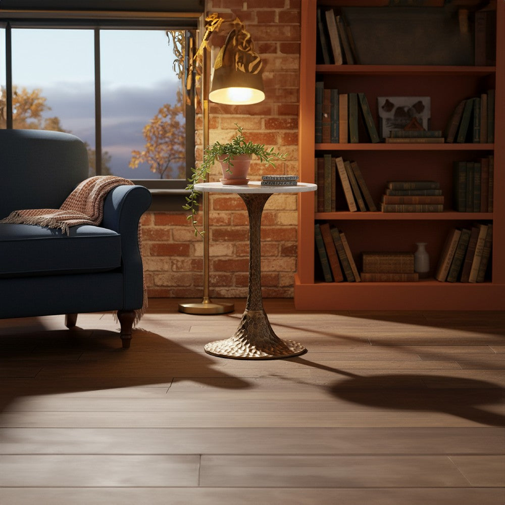 The Urban Port Tyler 20.5 Inch Accent Side Table, Round White Marble Top, Antique Brass Hammered Pedestal Base