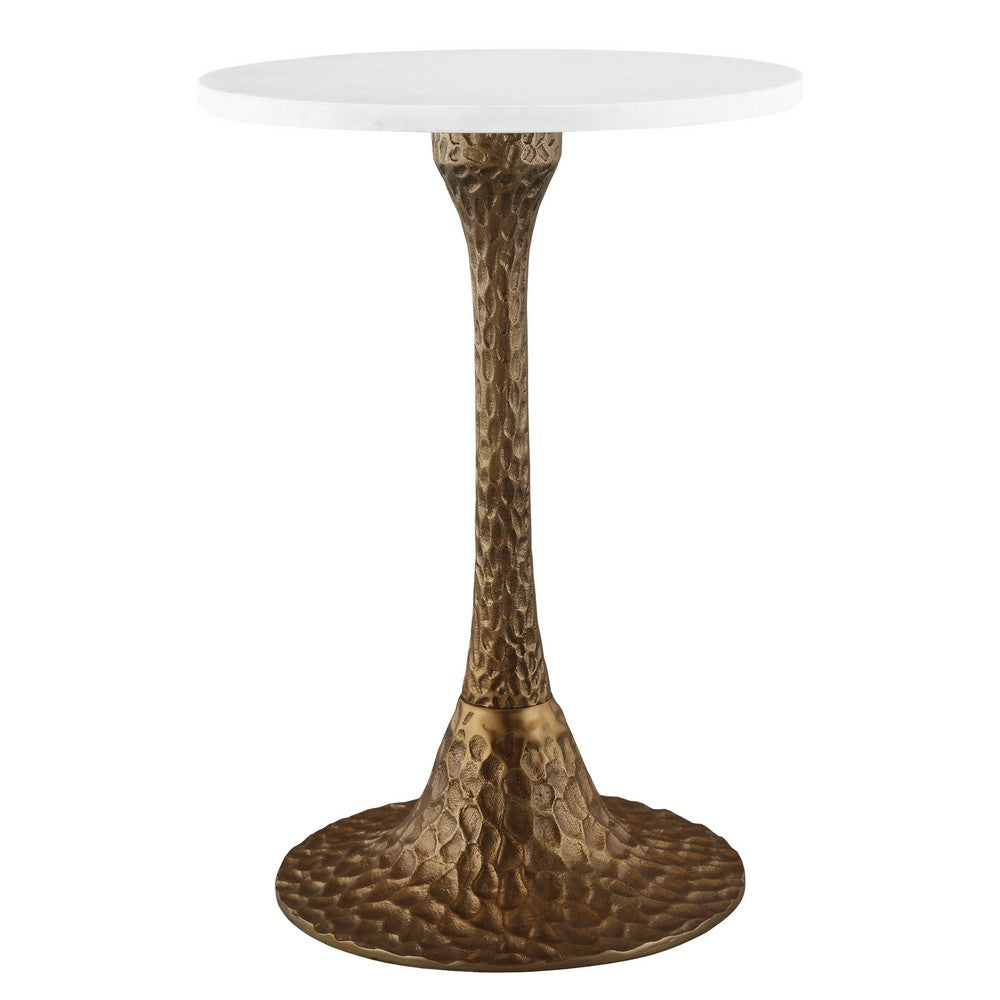 The Urban Port Tyler 20.5 Inch Accent Side Table, Round White Marble Top, Antique Brass Hammered Pedestal Base