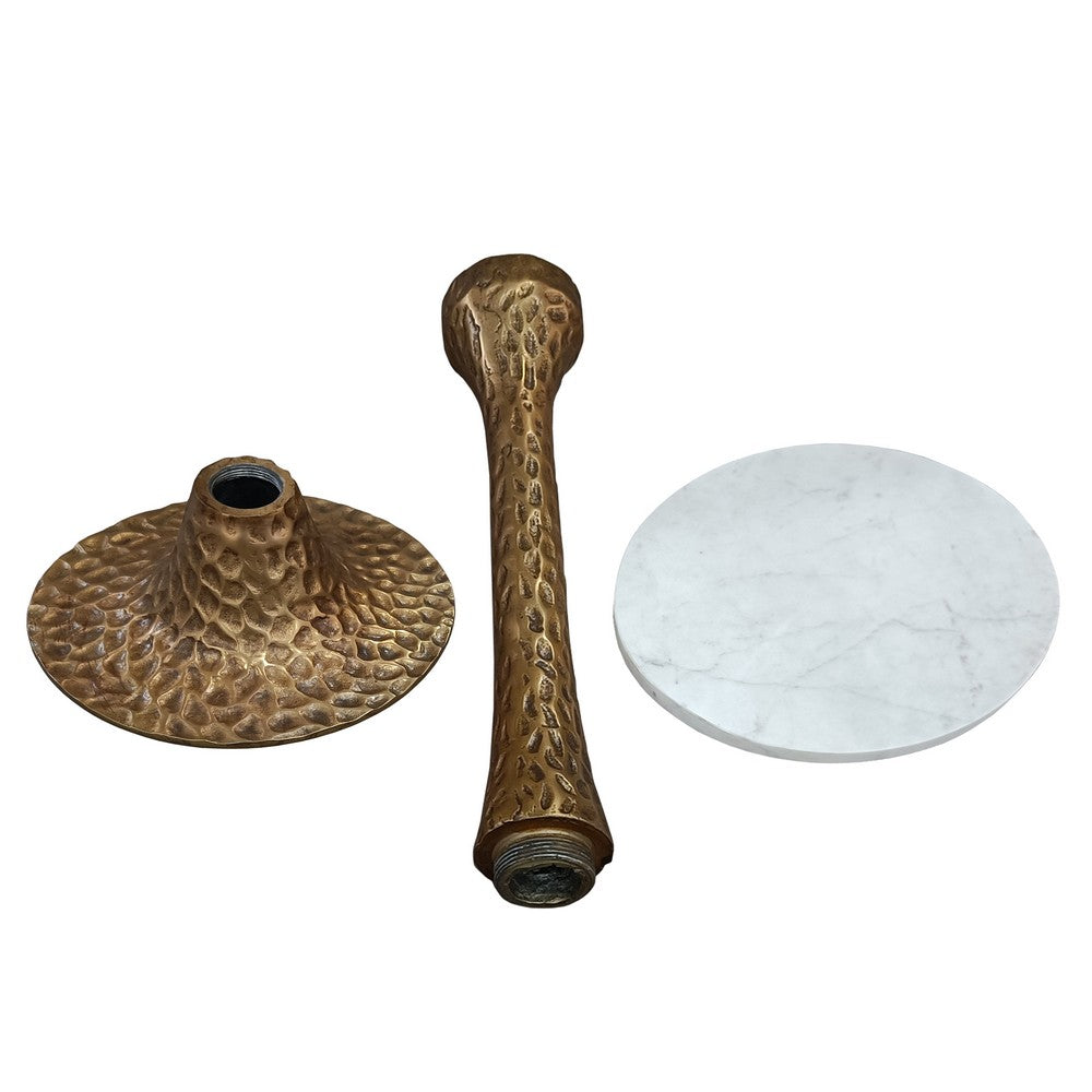 The Urban Port Tyler 20.5 Inch Accent Side Table, Round White Marble Top, Antique Brass Hammered Pedestal Base