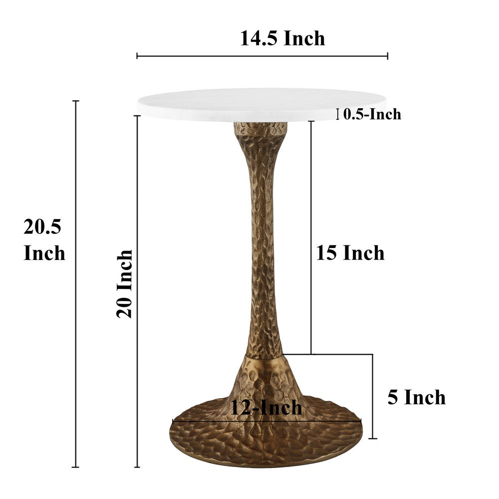 The Urban Port Tyler 20.5 Inch Accent Side Table, Round White Marble Top, Antique Brass Hammered Pedestal Base