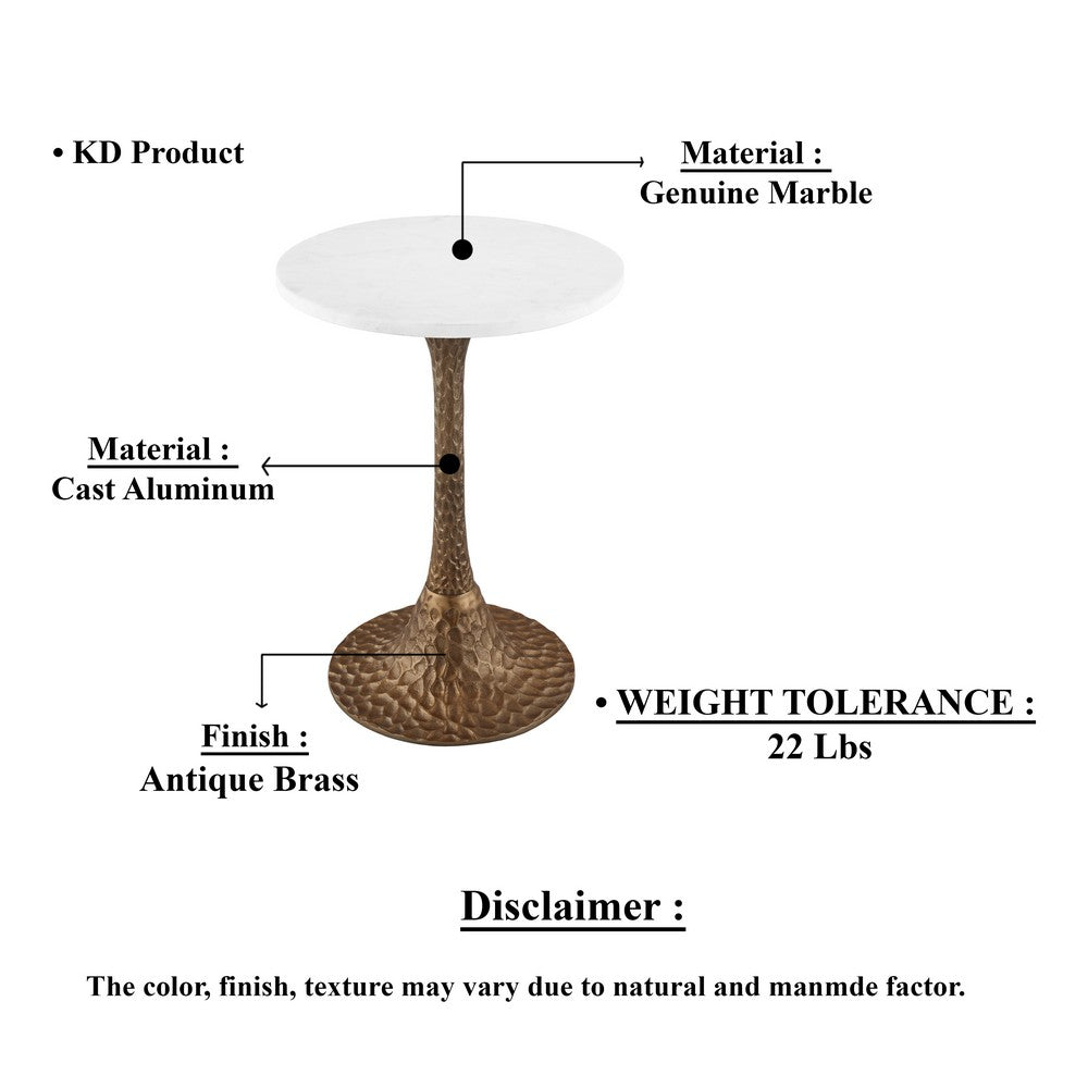 The Urban Port Tyler 20.5 Inch Accent Side Table, Round White Marble Top, Antique Brass Hammered Pedestal Base