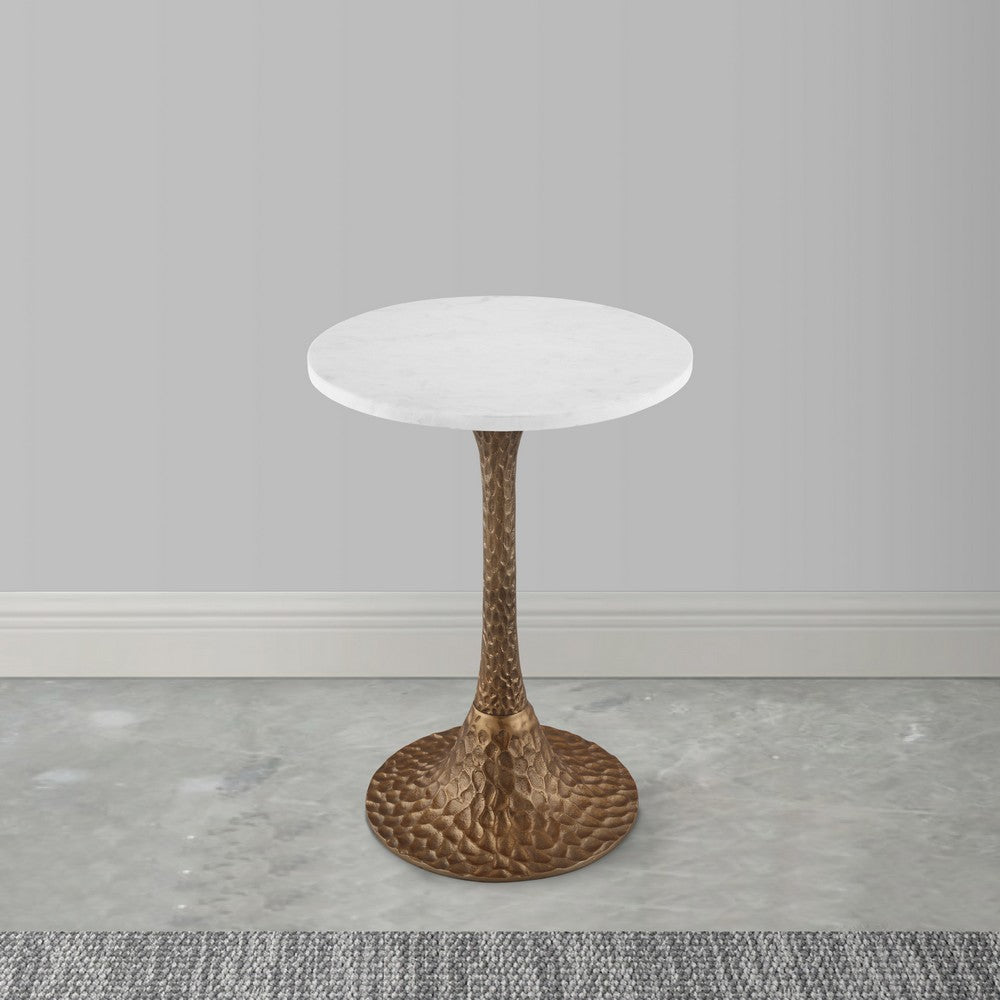 The Urban Port Tyler 20.5 Inch Accent Side Table, Round White Marble Top, Antique Brass Hammered Pedestal Base
