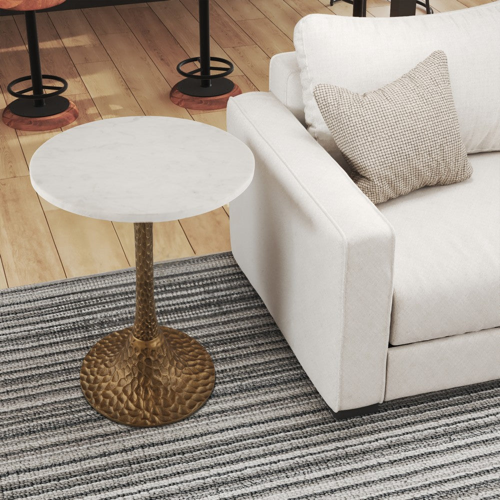 The Urban Port Tyler 20.5 Inch Accent Side Table, Round White Marble Top, Antique Brass Hammered Pedestal Base