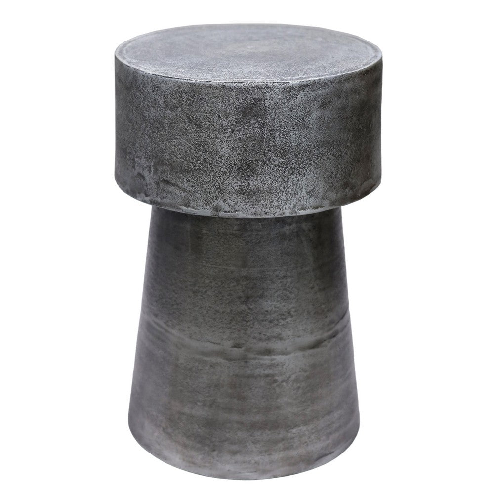 The Urban Port Vintage 23.6 Inch Accent Side Table, Round Top, Antique Silver Cast Aluminum Drum Base