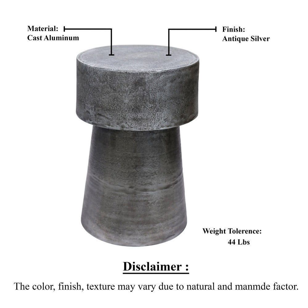 The Urban Port Vintage 23.6 Inch Accent Side Table, Round Top, Antique Silver Cast Aluminum Drum Base