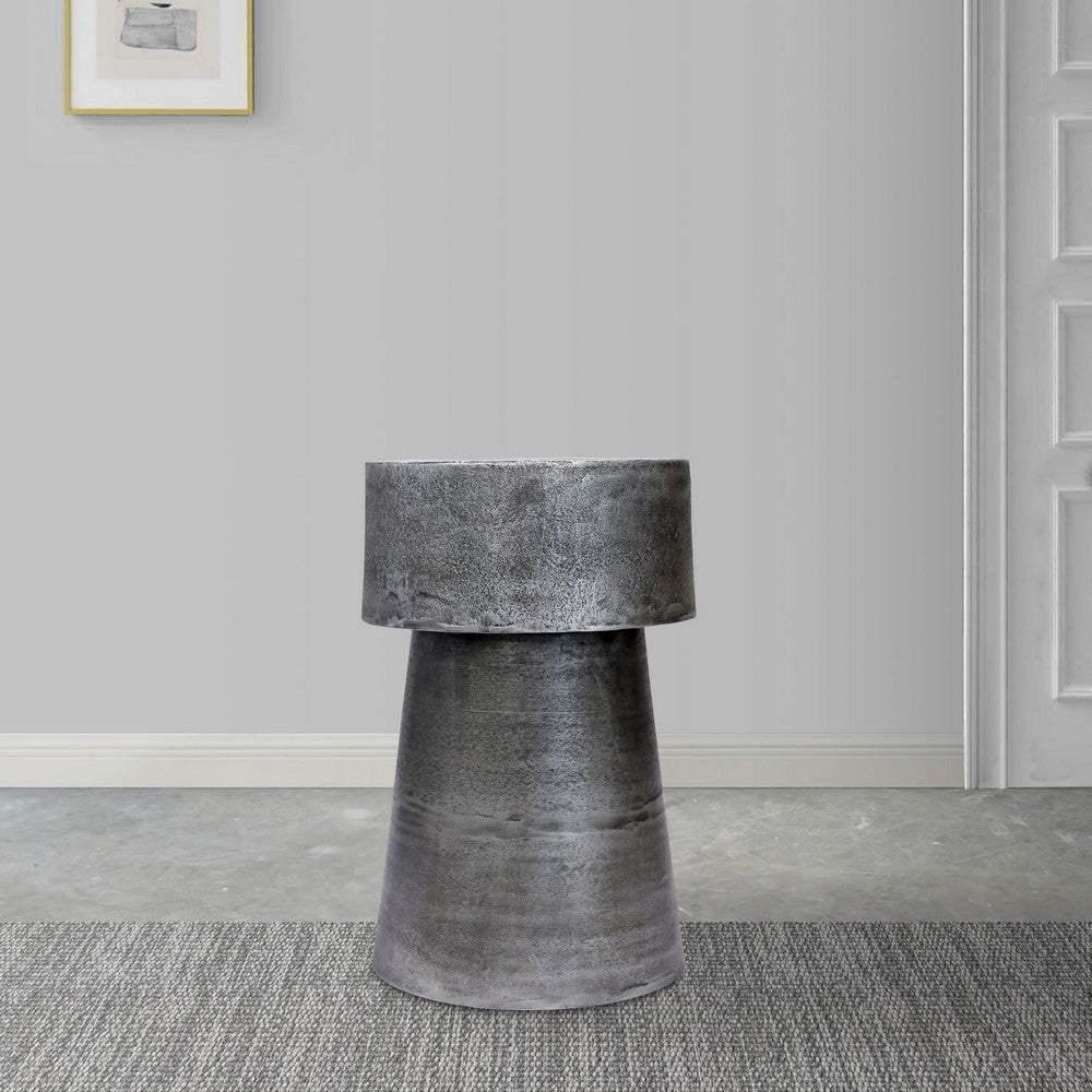 The Urban Port Vintage 23.6 Inch Accent Side Table, Round Top, Antique Silver Cast Aluminum Drum Base