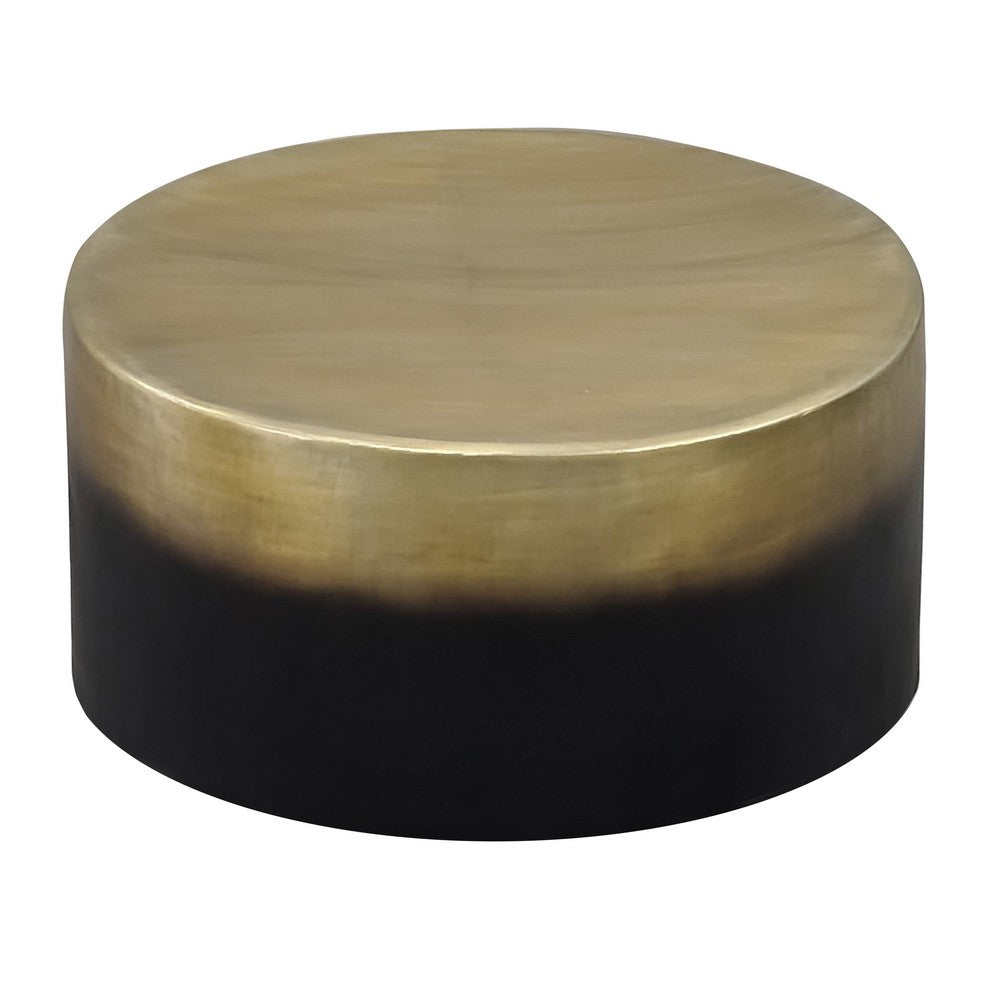 The Urban Port Dyan Coffee Table, 34.5 Inch Round Drum Shape, Black, Gold Antique Brass Ombre
