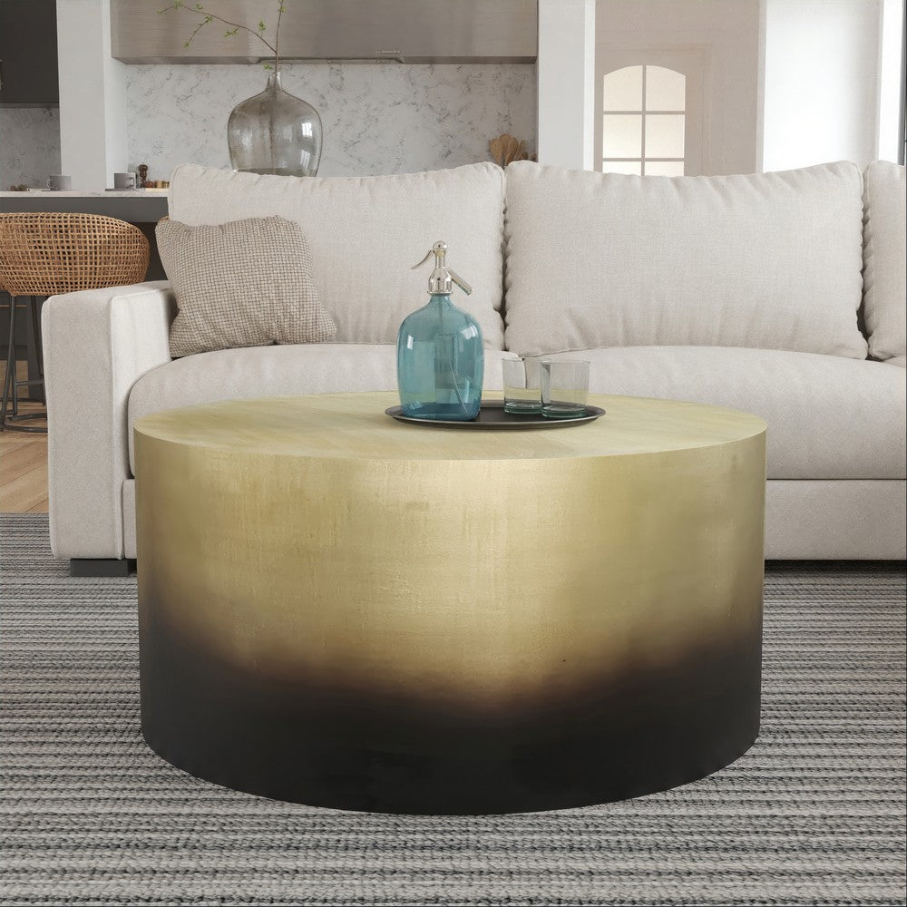 The Urban Port Dyan Coffee Table, 34.5 Inch Round Drum Shape, Black, Gold Antique Brass Ombre