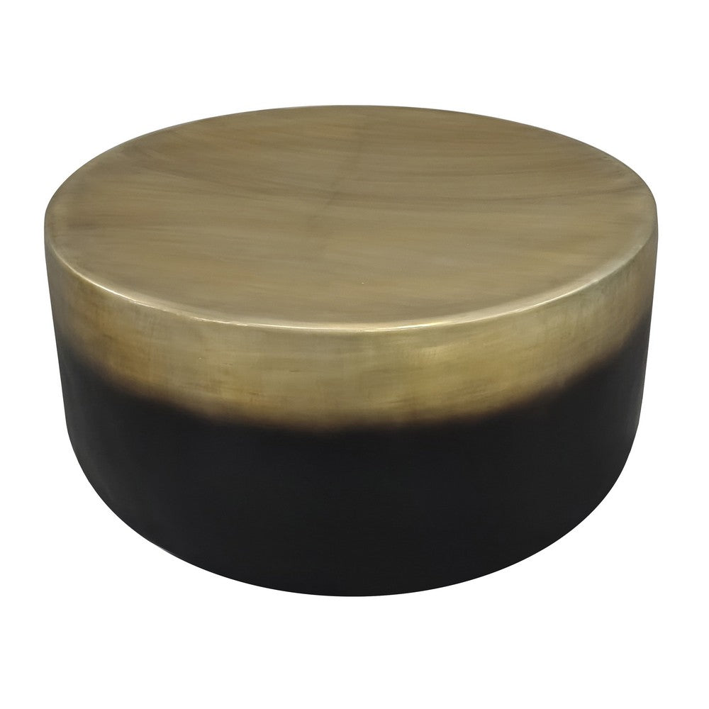 The Urban Port Dyan Coffee Table, 34.5 Inch Round Drum Shape, Black, Gold Antique Brass Ombre