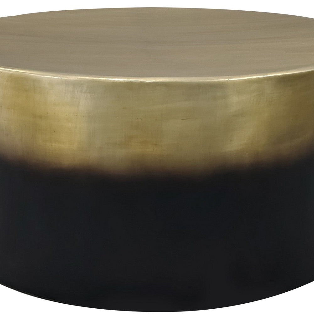 The Urban Port Dyan Coffee Table, 34.5 Inch Round Drum Shape, Black, Gold Antique Brass Ombre