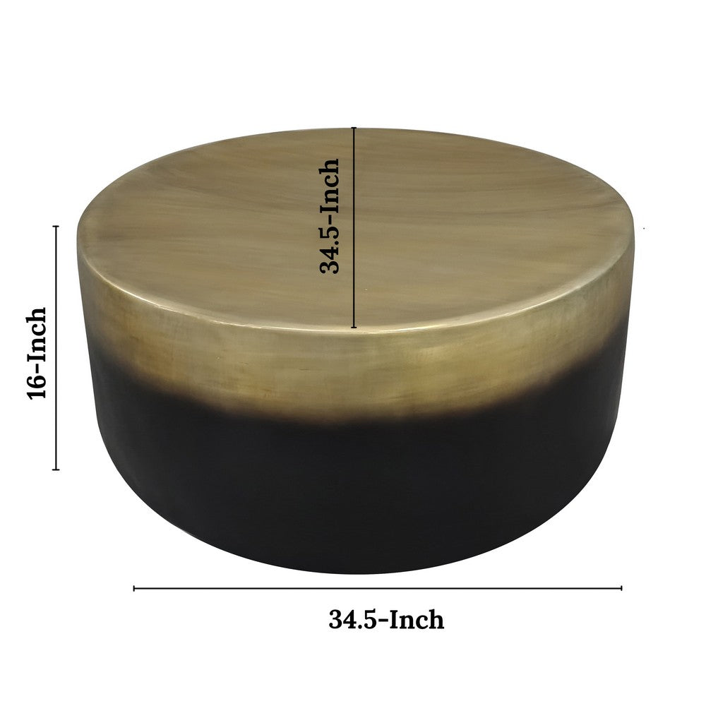 The Urban Port Dyan Coffee Table, 34.5 Inch Round Drum Shape, Black, Gold Antique Brass Ombre